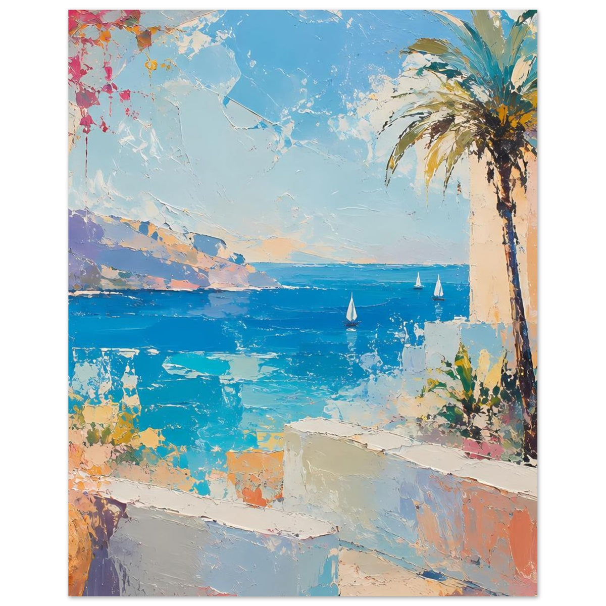 Sommer-Poster mit Ozean, Palmen rechts und Segelbooten im blauen Wasser