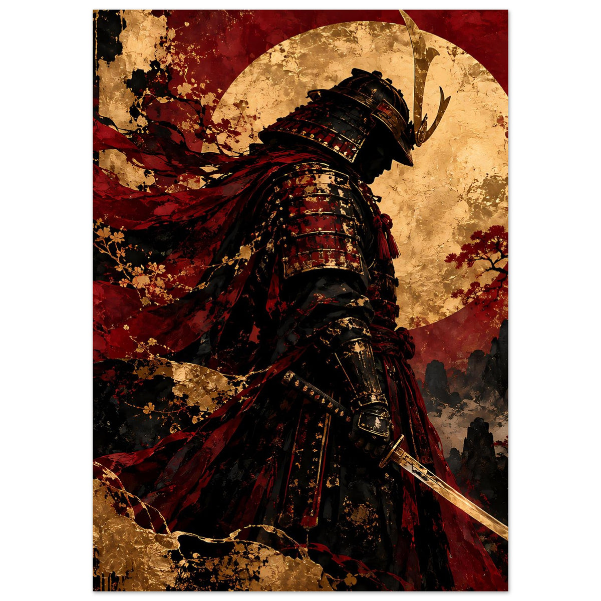 Japan-Poster: Samurai in schwarzer Rüstung mit rotem Umhang und Katana, Halbmond im Hintergrund