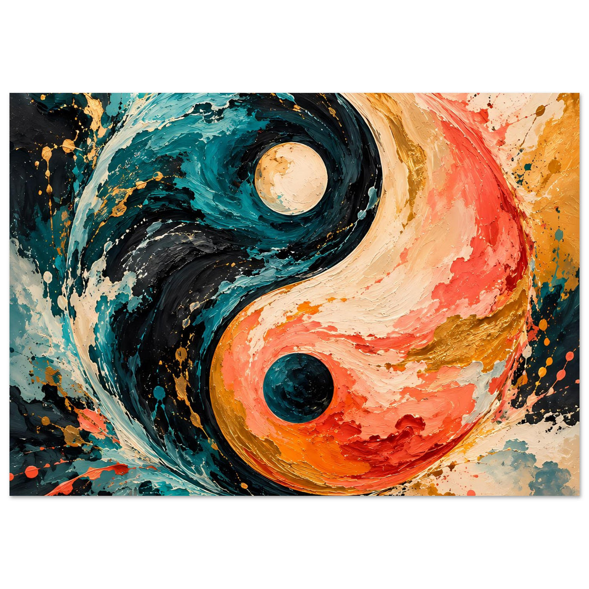 Abstraktes Yin-Yang-Poster mit halbflächigen Farbstrichen und mehreren Spritzakzenten