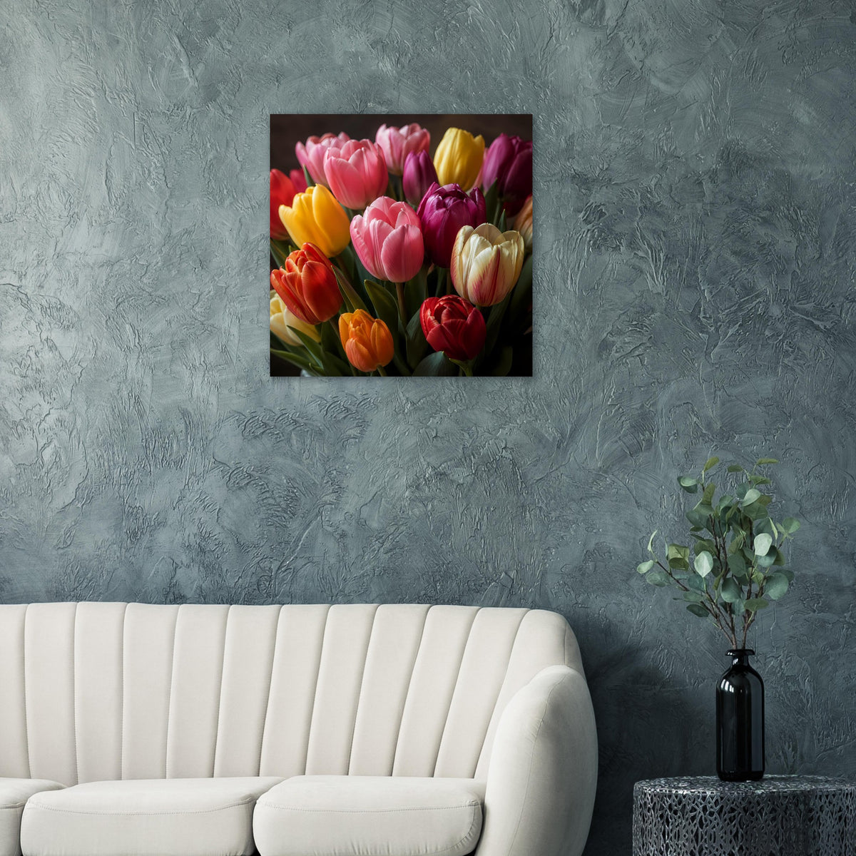 Quadratisches Poster mit Tulpenstrauß in Pink, Gelb, Rot und Creme