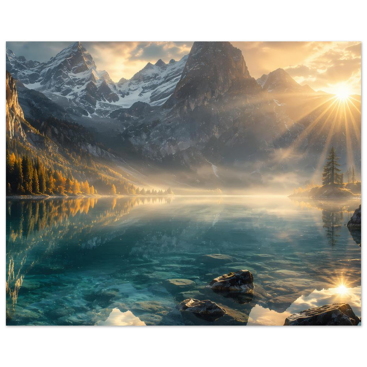 Wandposter Querformat: spiegelnder Bergsee, Felsen am Ufer und goldene Sonnenreflexe
