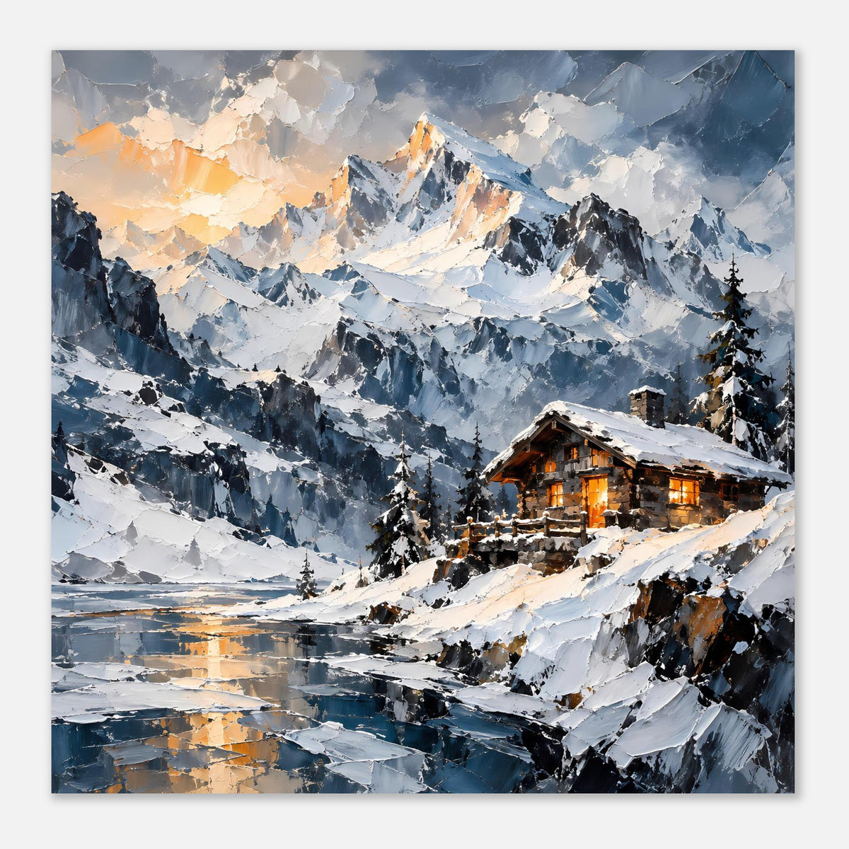 Winterlandschafts-Poster: verschneite Berge, Tannen und eine warm beleuchtete Alpenhütte