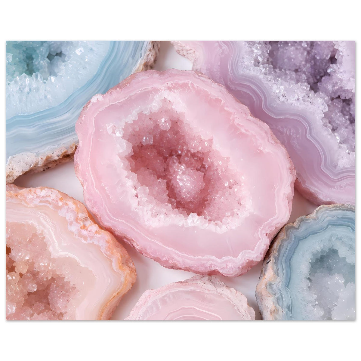 Kristallgeoden-Poster mit großer rosa Geode und blauen sowie violetten Kristallbereichen, seitlich gerahmt