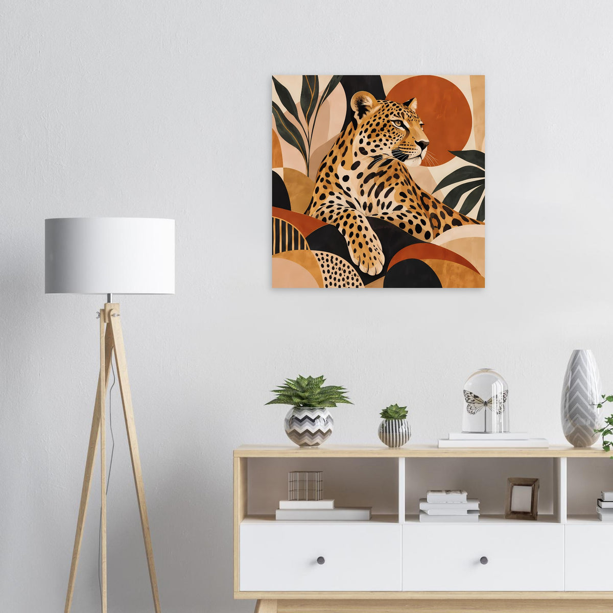 Quadratisches Leoparden-Tierposter in Erdtönen mit abstrakten Pflanzenformen
