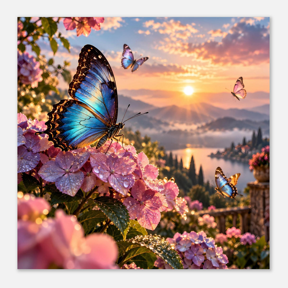 Poster: Schmetterlinge auf rosa Blüten vor Sonnenuntergangshimmel mit Bergsilhouette