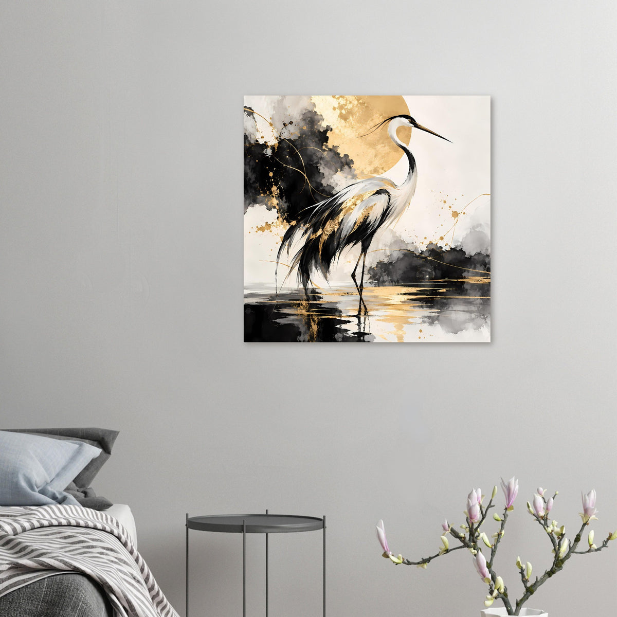 Vogelposter mit Kranichmotiv in Schwarz und Gold, ausgewogener Bildausschnitt