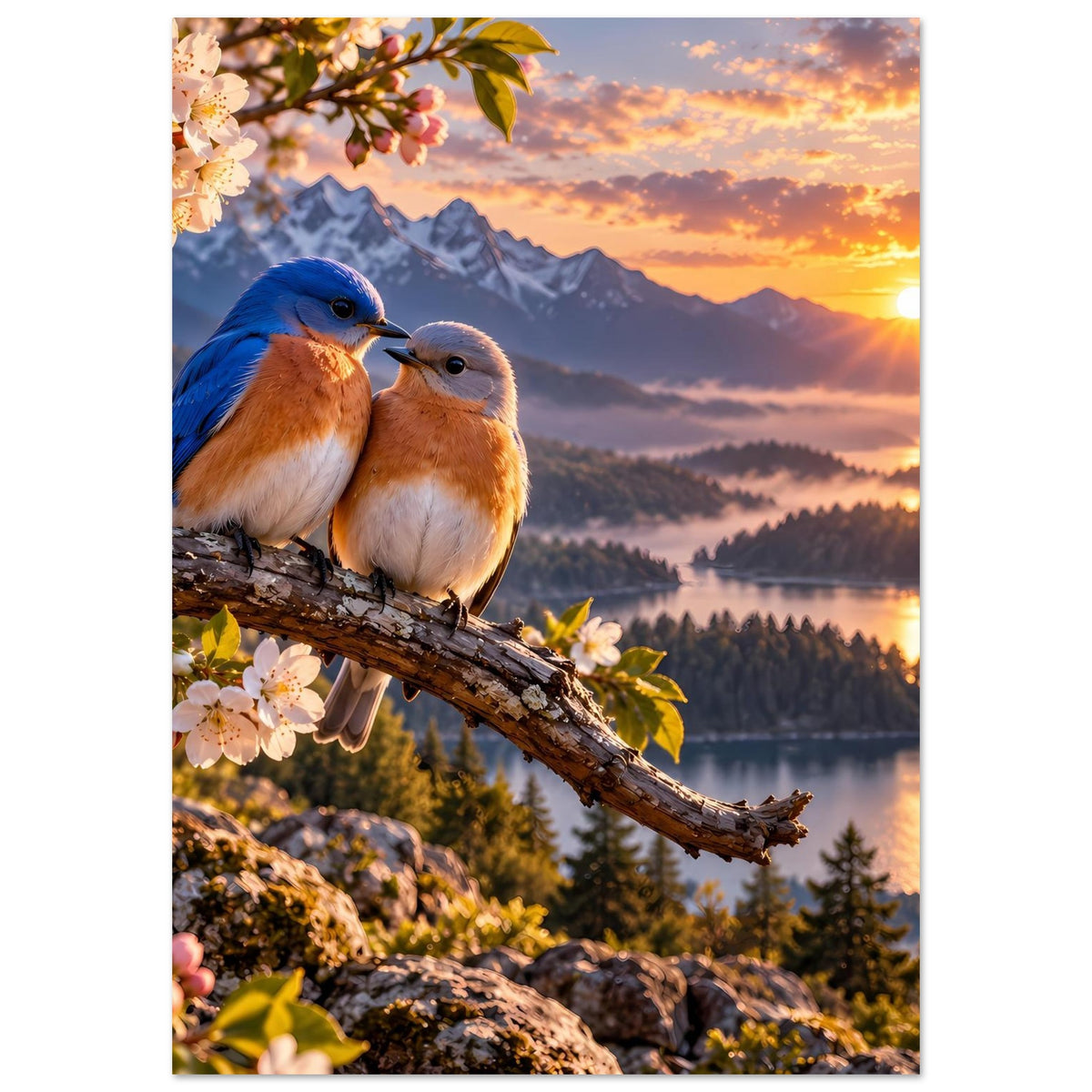 Poster mit zwei Vögeln auf Ast, blau/braun, Blütenzweig links, Sonnenuntergang mit Bergen und See