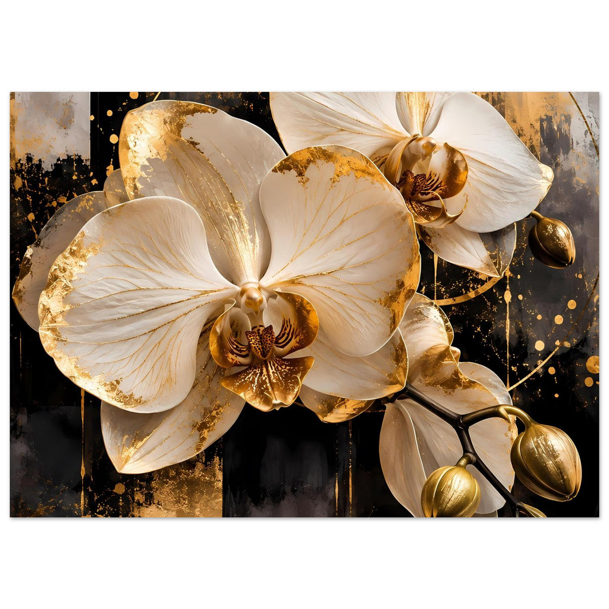 Orchideen-Wandposter mit cremeweißen Orchideen, goldenen Akzenten und gebogenen Schmuckstielen