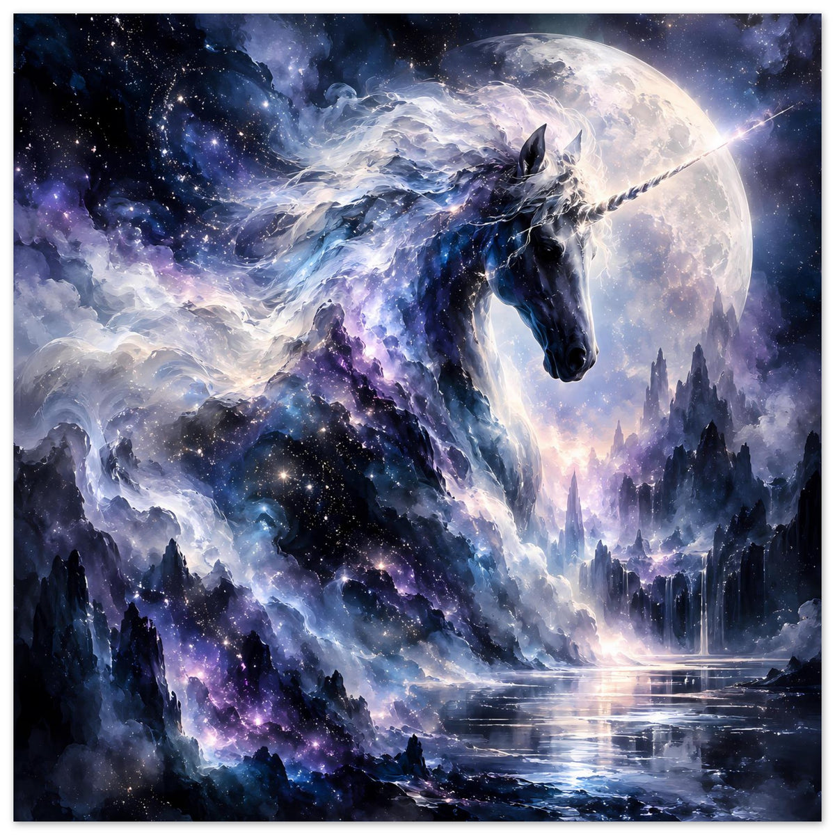 Galaktisches Einhorn-Poster mit Mondlicht-Scene, Wasser-Spiegelung und dunklen Burgtürmen