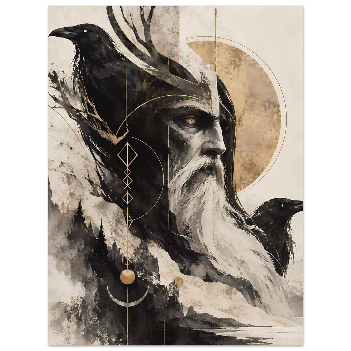 Kunstposter im Hochformat: Weiser mit Raben, Halbmondscheibe und Berglandschaft