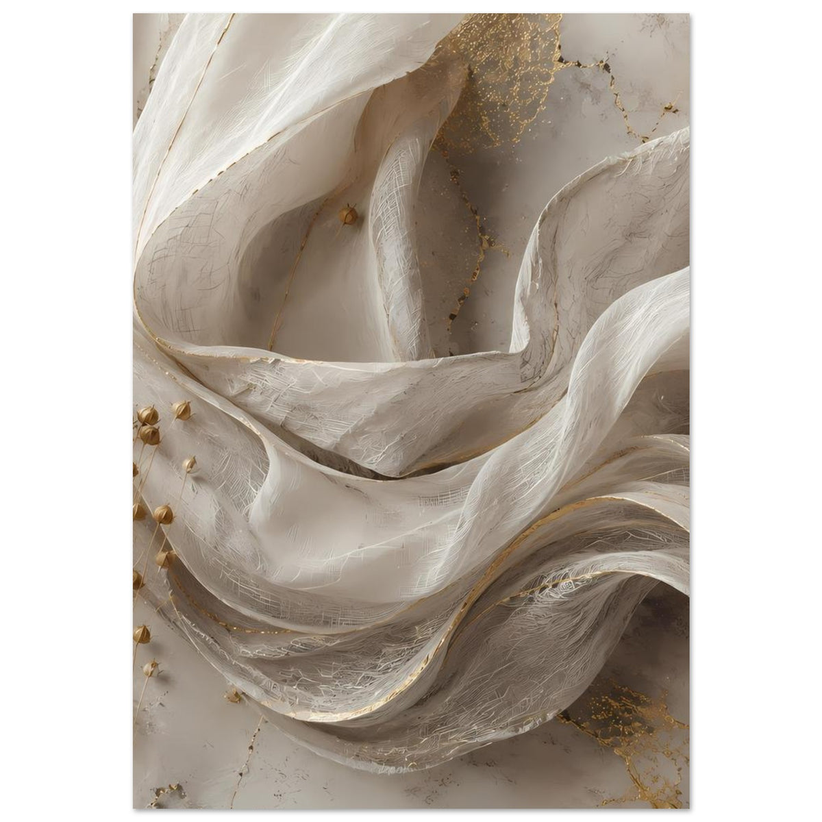 Wellenmotiv-Poster mit weißem, gefalteten Stoffeffekt und goldenen Sprenkeln im Hintergrund