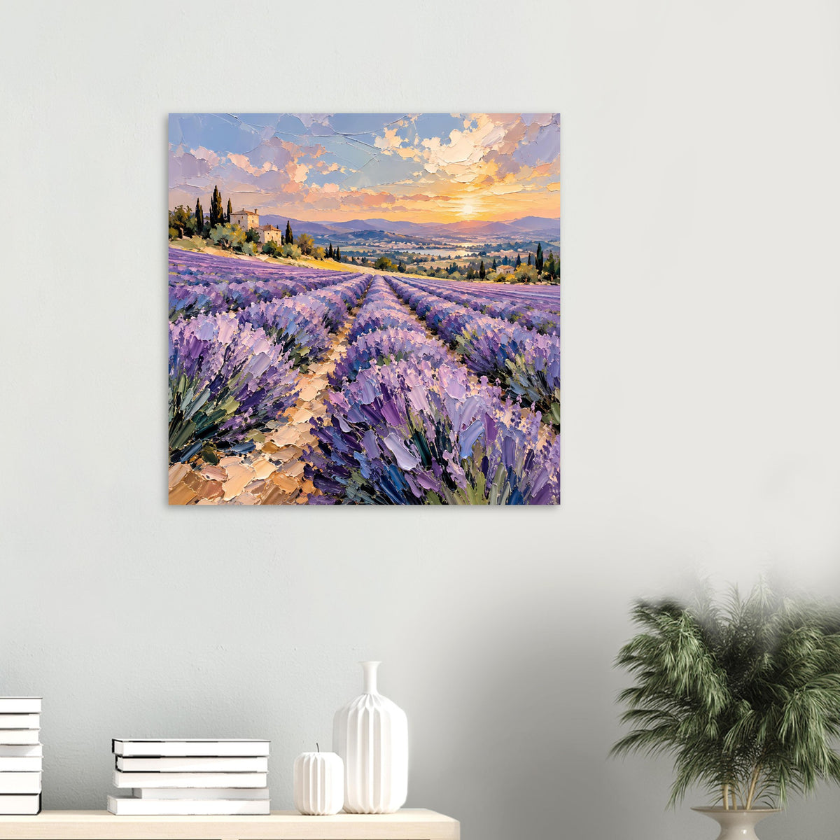 Quadratisches Poster mit Lavendelfeld und Sonnenuntergang, violettes Blütenmeer im Landschaftsmotiv