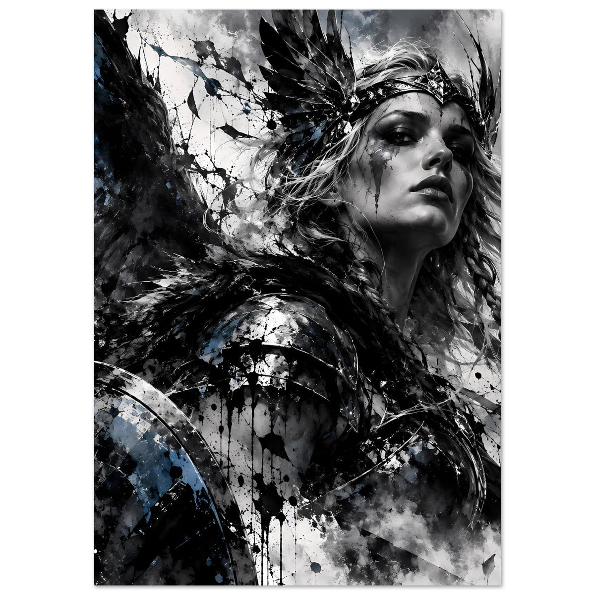 Wikingerkriegerin-Poster im Hochformat: Porträt mit Schwarzweiß- und blauen Sprenkel-Effekten