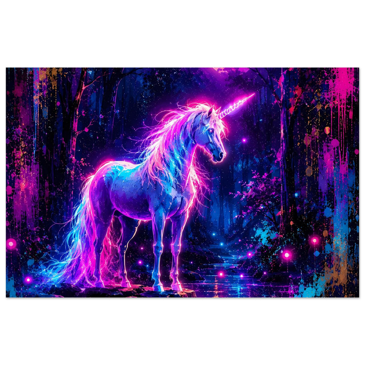 Poster mit Neon-Einhorn, leuchtend blaues Vorderbein und magenta Mondsichel