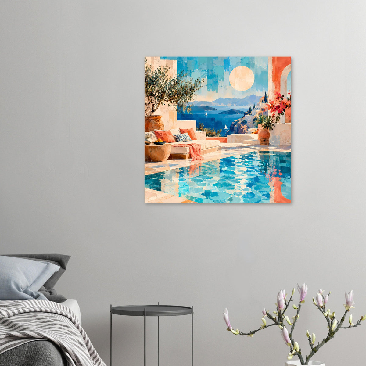 Wandposter mit kleiner Poolszene: blaues Wasser, mediterrane Architektur, orange Akzente