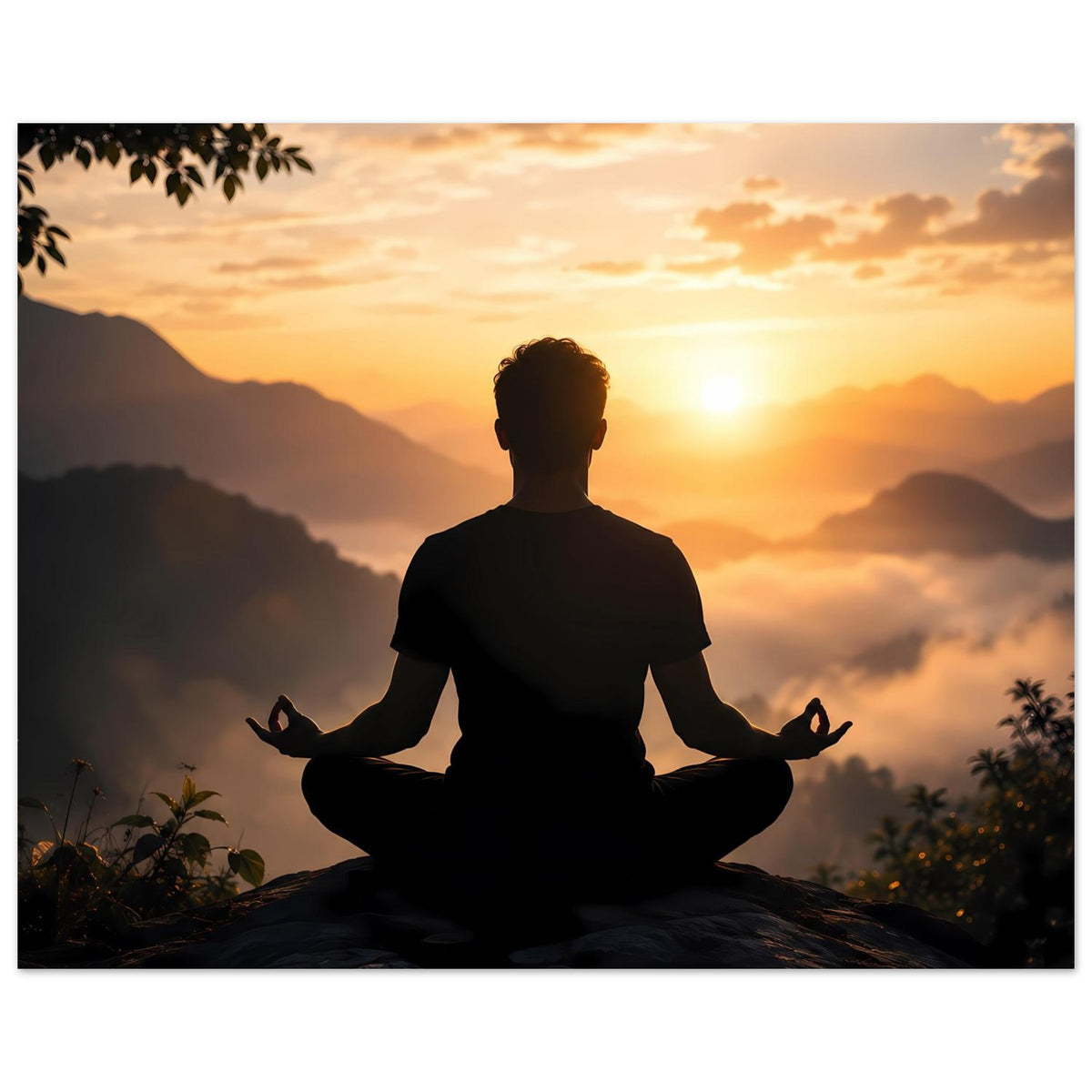 Meditationsposter: sitzende Silhouette, goldene Sonne, Bergschatten und Wolken im Hintergrund