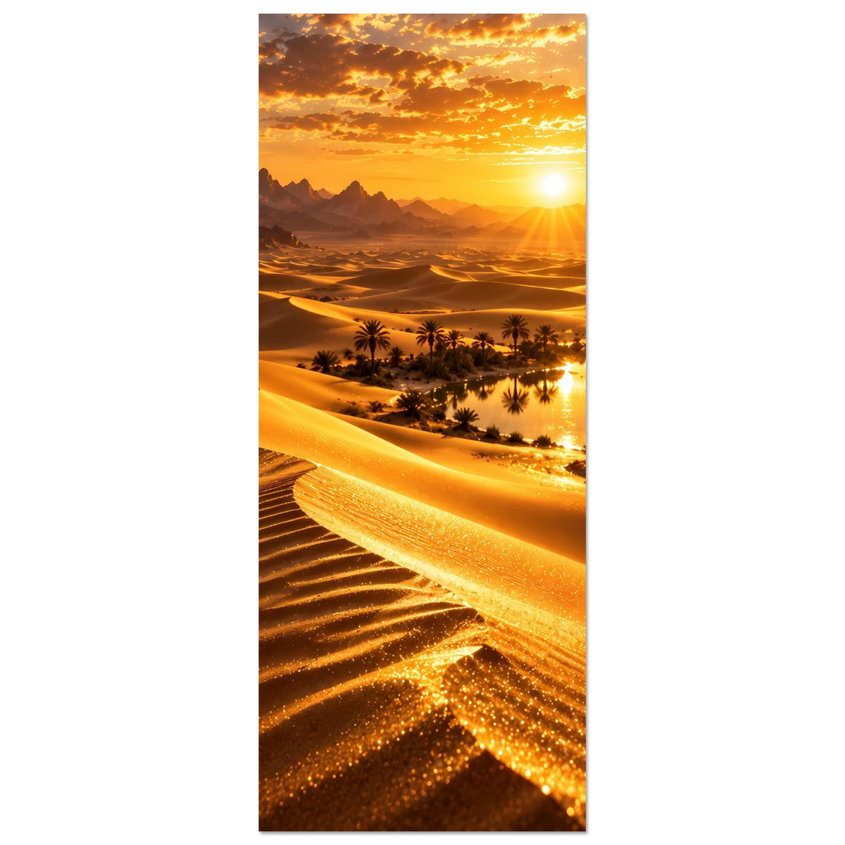 Vertikales Poster mit Dünen, Oasensee mit Palmen und goldener Abendsonne