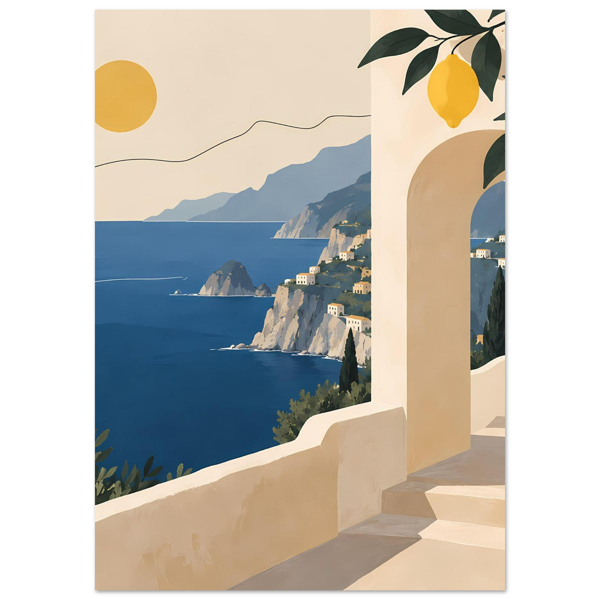 Mediterranes Landschaftsposter mit Meer und Felsküste, Balkonbogen rechts, Zitronen