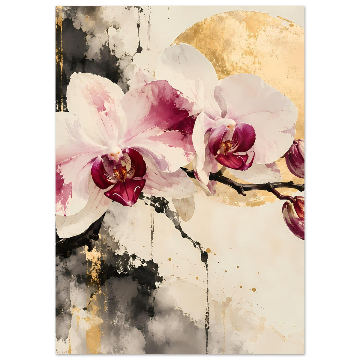 Blumenposter mit Orchideenblüten auf Ranke, goldener Halbkreisfläche und Knospen