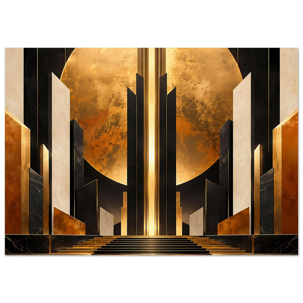 Art-deco Poster mit großen goldenen Säulenflächen, schwarzem Mittelraum und Treppenmotiv