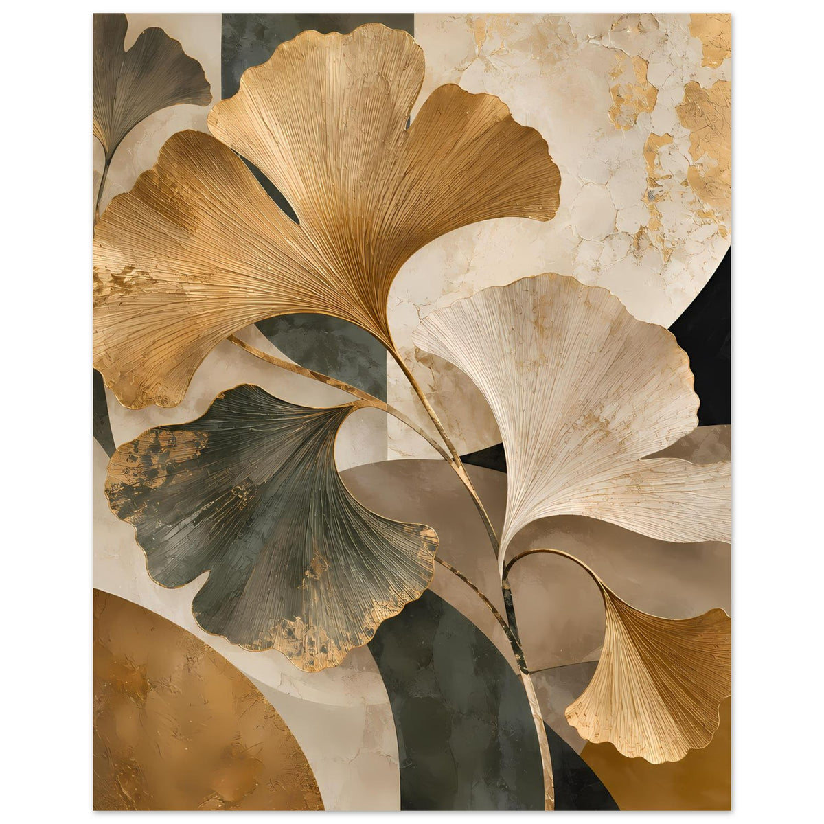 Botanisches Poster mit Ginkgo-Blättern in Erdtönen, golden, creme und dunkelgrün