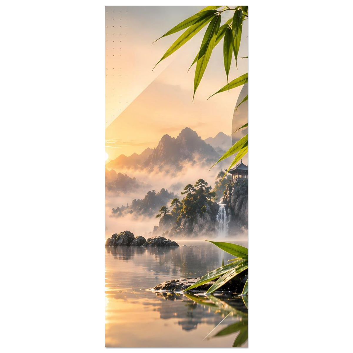 Vertikales Zen-Bergsee-Poster mit Bambuszweigen, Sonnenaufgang, Nebelbergen und Steinstapel am Ufer