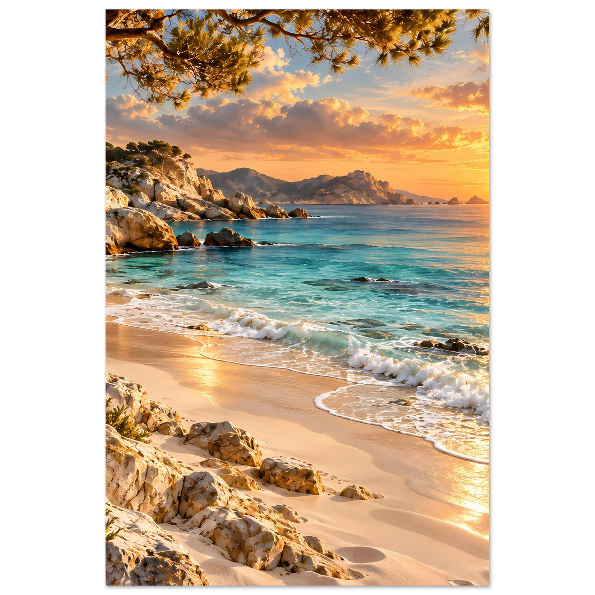 Hochformat-Strandposter mit Felsen, türkisfarbenem Meer und goldenem Abendhimmel