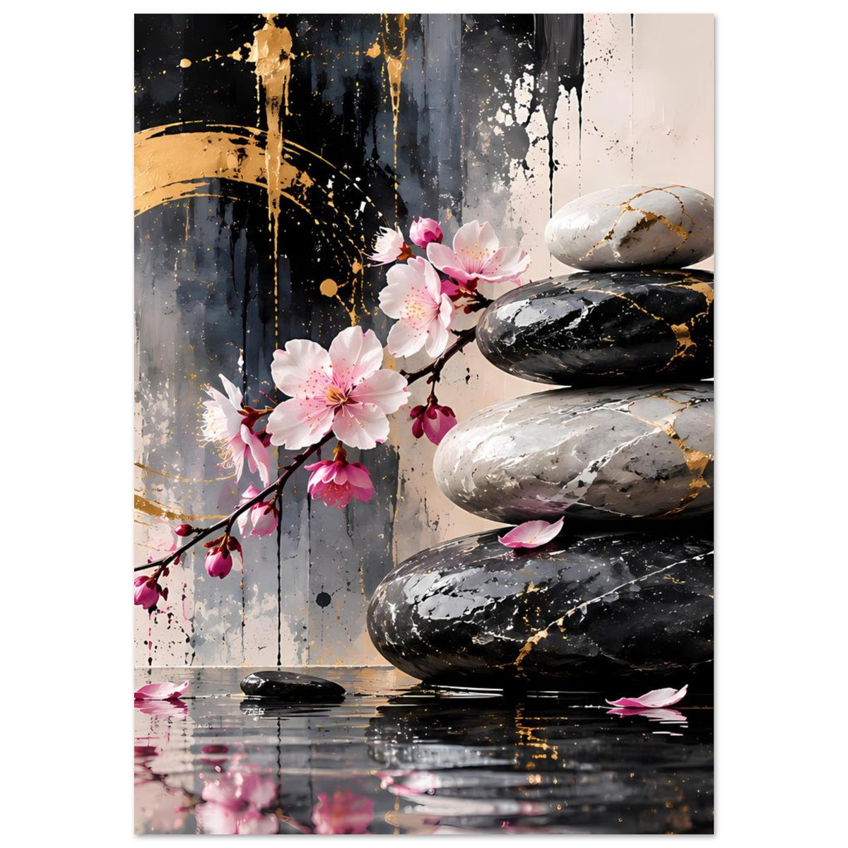 Zen-Poster mit Kirschblütenzweigen und Stein-Stapel in Schwarz, Weiß und Gold