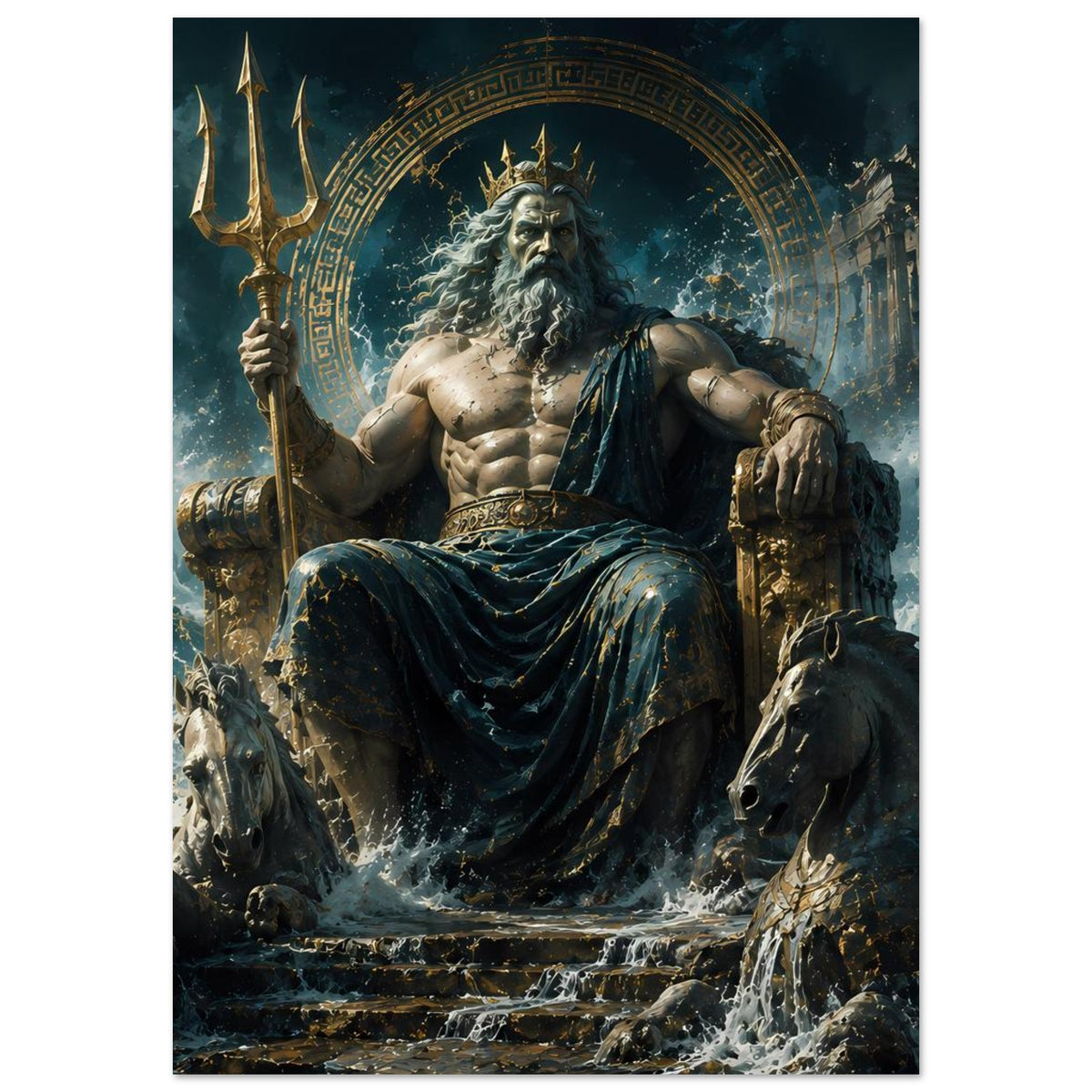 Poster mit Poseidon im Kreisornament; Dreizack in der Hand, Meer vor dem Thron