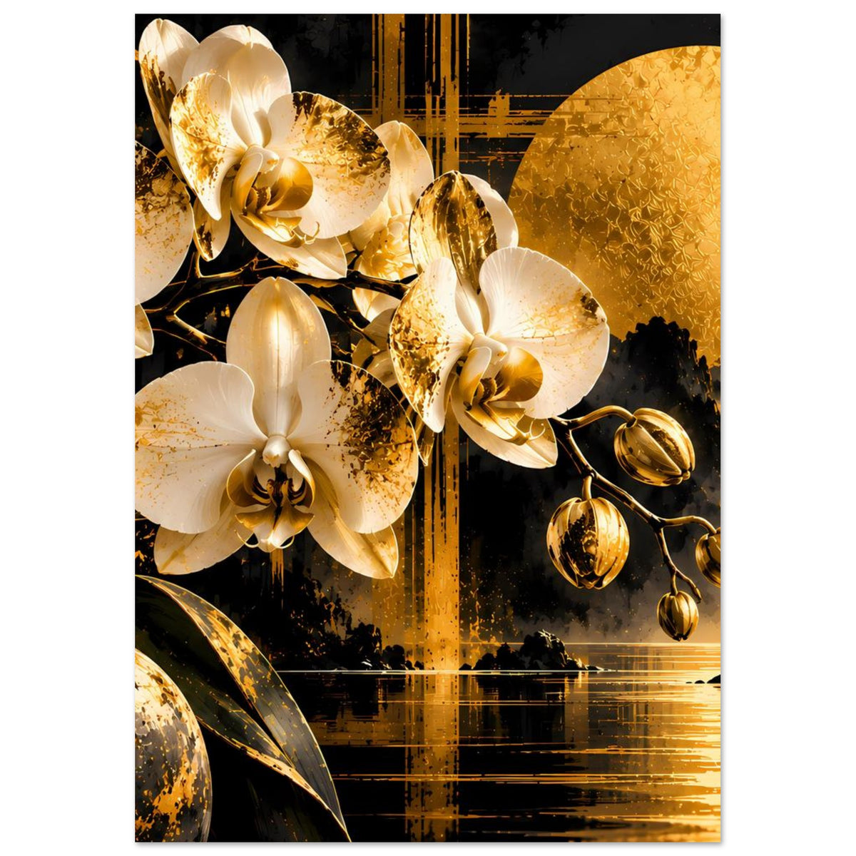 Orchideen-Premiumposter: weiße Orchideen, goldene Zierornamente und kontrastreicher See