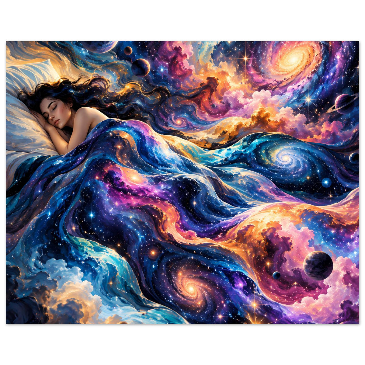 Galaxie-Wandposter im Querformat: Frau in Sternenwolken, Spiralgalaxien und Planeten