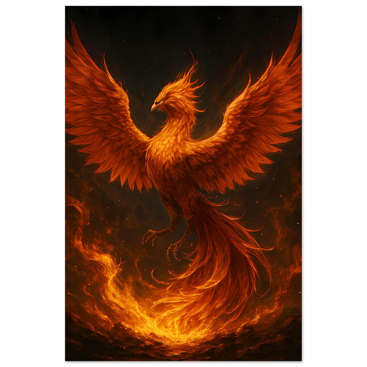 Feuerphönix-Poster mit ausgebreiteten Flügeln, kräftige Orange-Rottöne, vertikale Ansicht