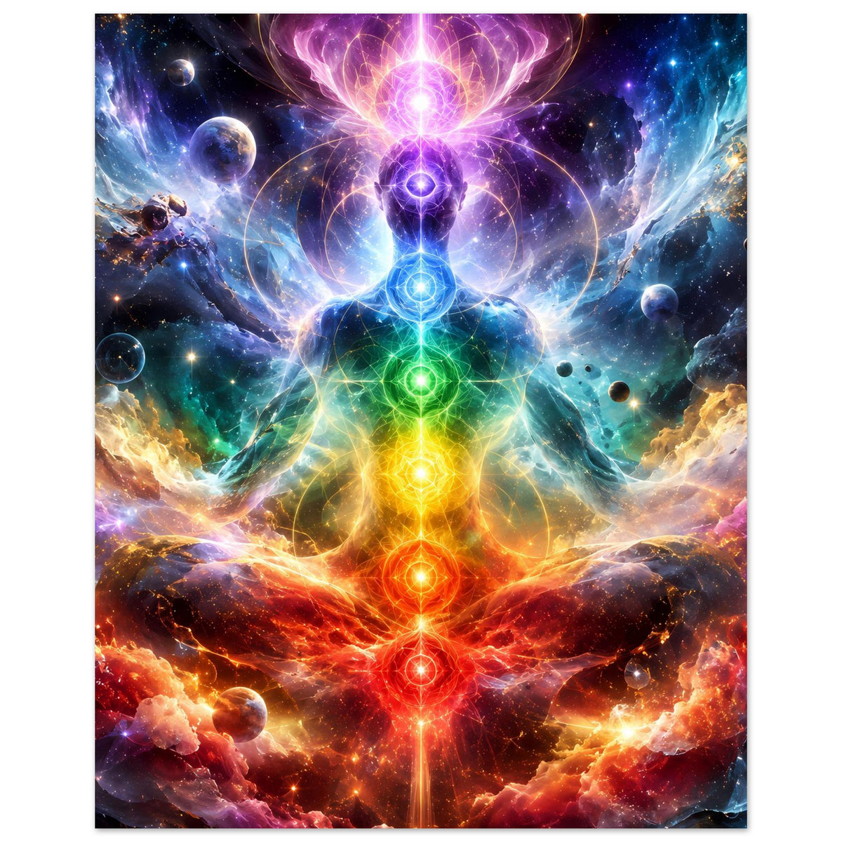 Meditationsposter mit kosmischen Planeten und Chakra-Motiv, leuchtender Energie in Rot und Gelb