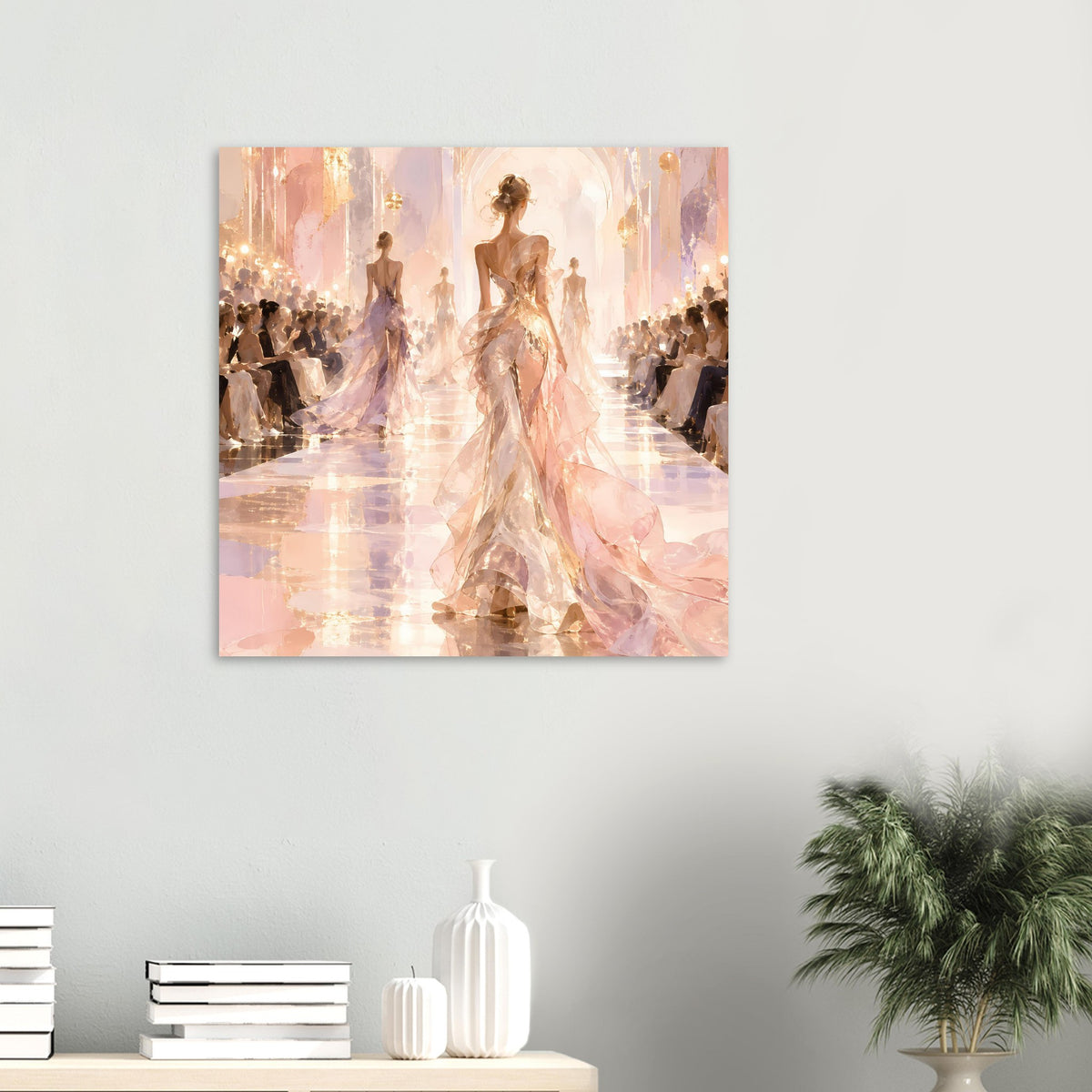 Mode-Runway-Poster, vertikal, mit eleganter Laufstegszene und fließenden Kleidern