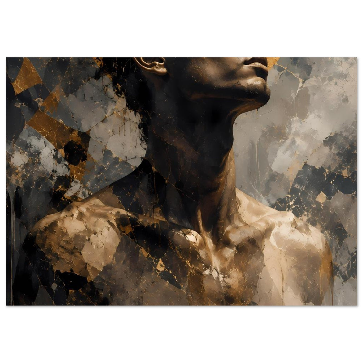 Kunstposter: abstraktes Männerportrait mit Blick zur Seite, goldbraune Akzente, dunkler Bartbereich.