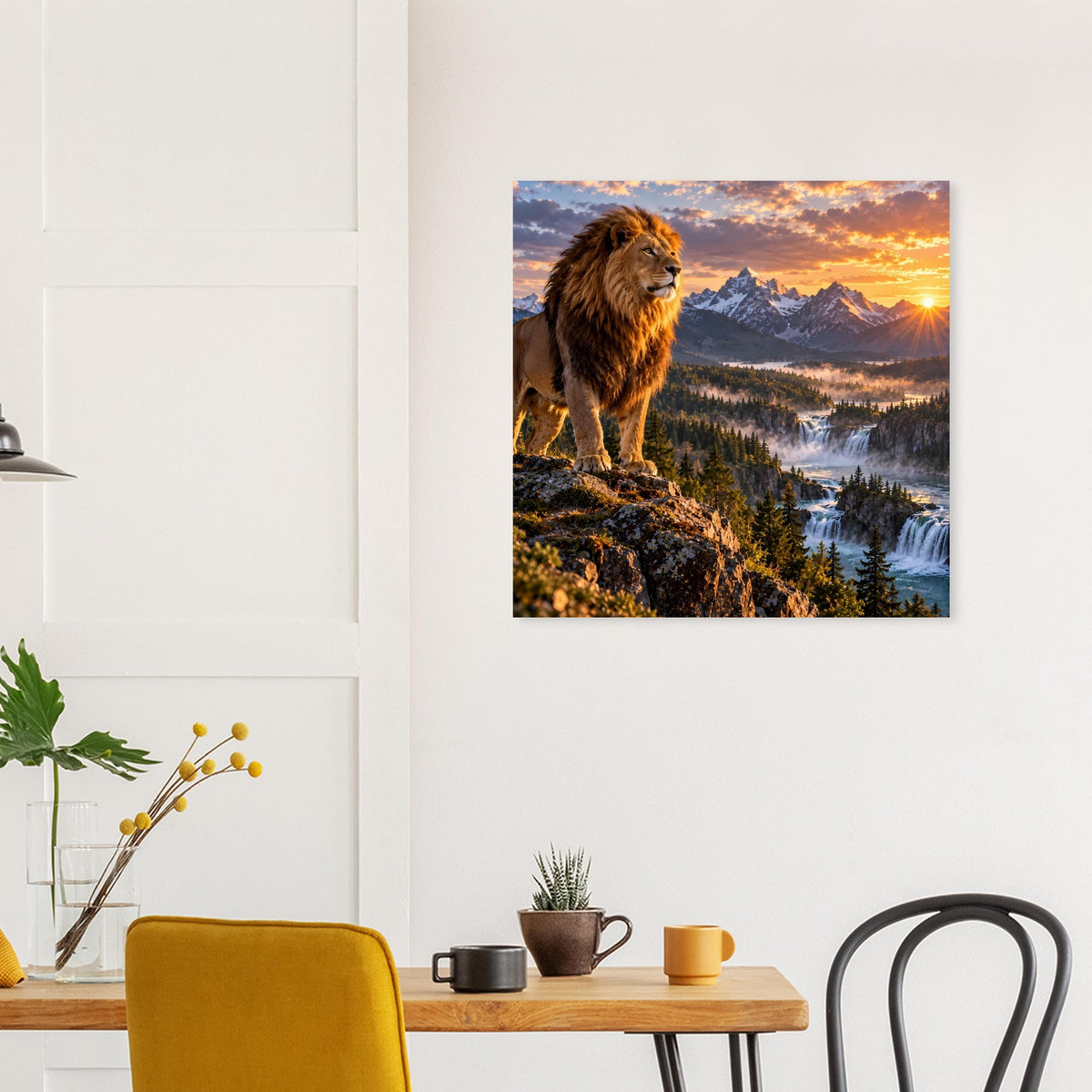 Poster mit bräunlichem Löwen vor Bergwald, Flusslandschaft und Sonnenaufgang
