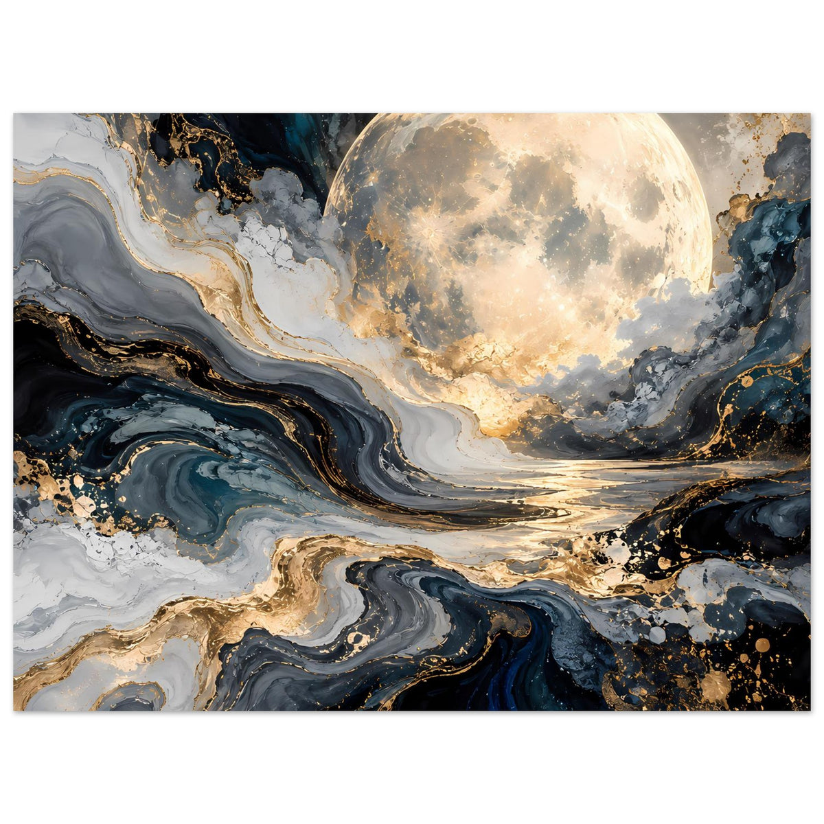Poster im Querformat mit Mond über abstrakten Wellen, marmoriert in Blau, Weiß und Gold