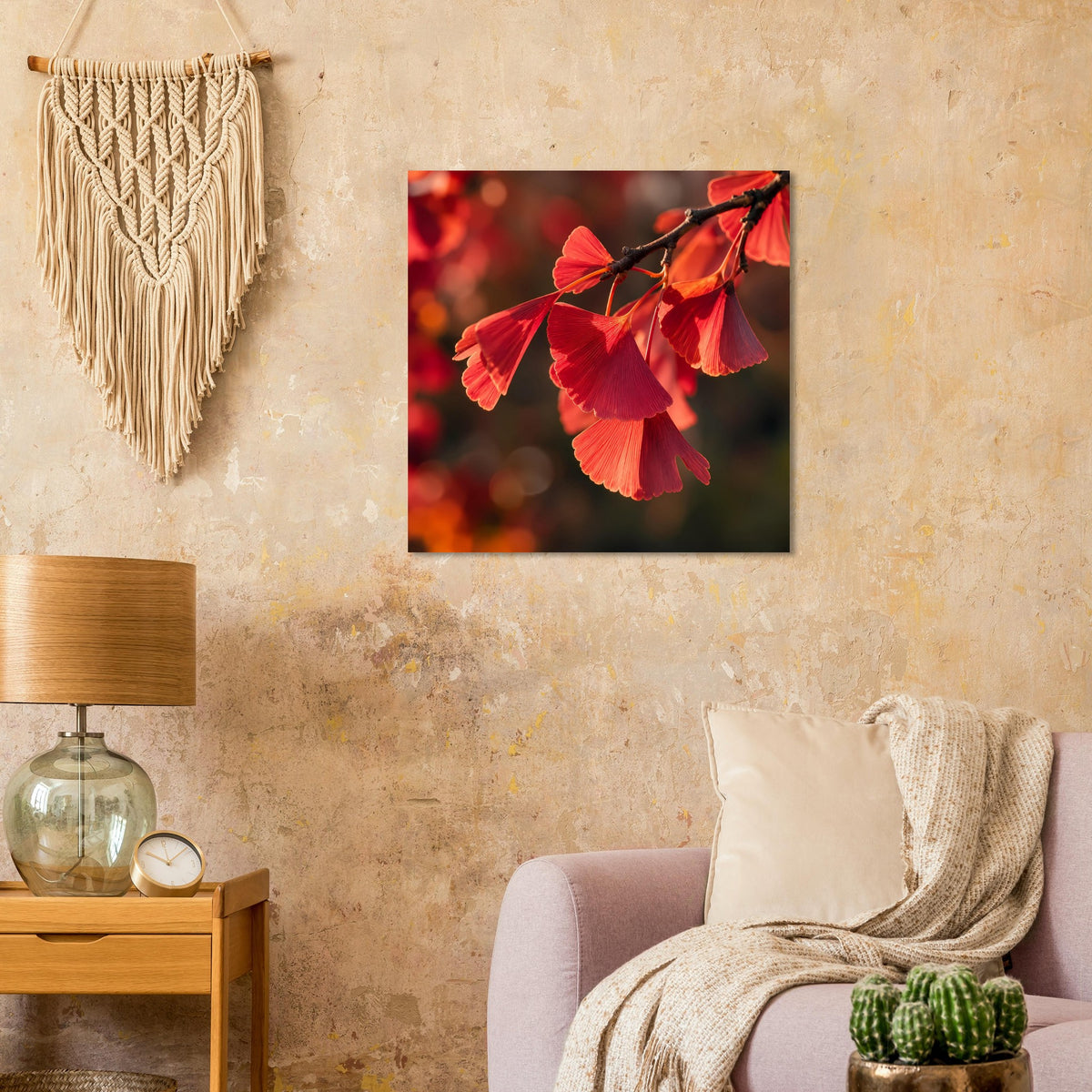 Quadratisches mattes Poster: rote Ginkgoblätter mit schwarzer Umrandung