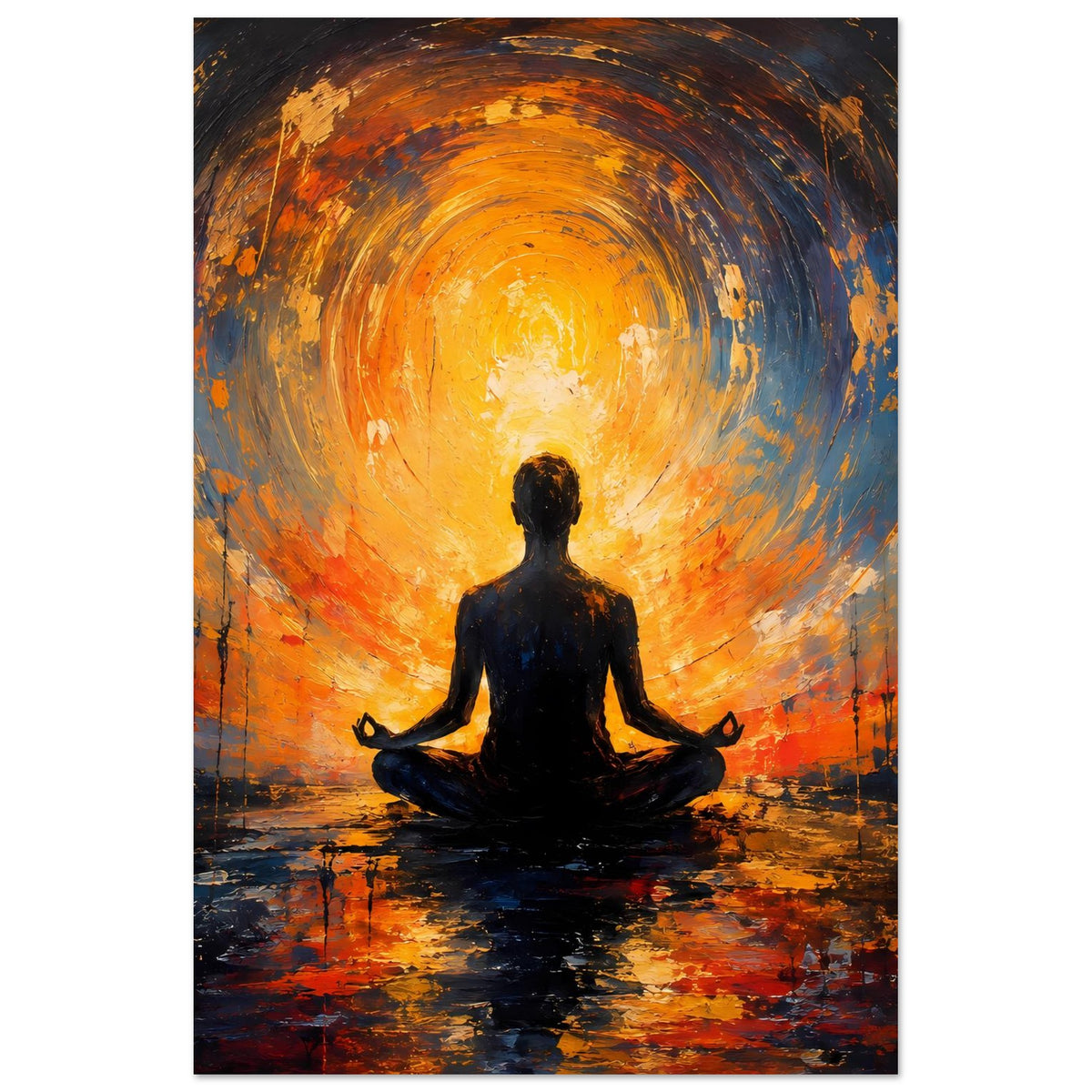 Abstraktes Poster, vertikal: schwarze Meditationsfigur im Zentrum eines orange-blauen Rings