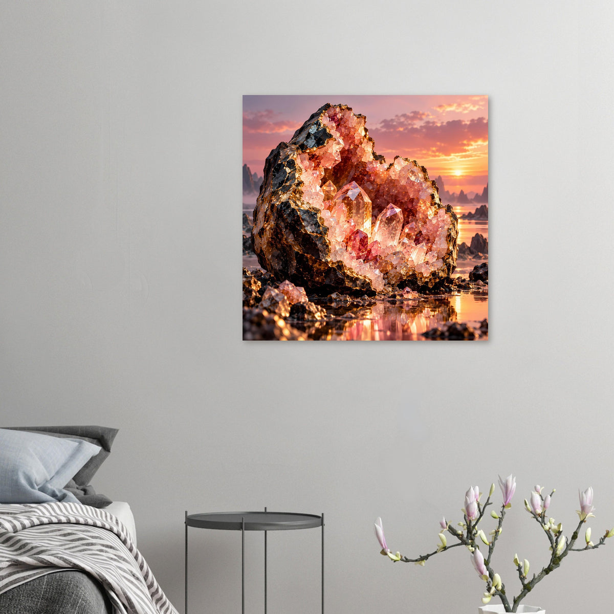 Kristall-Geoden-Poster mit Sonnenuntergangsmotiv, quadratisch