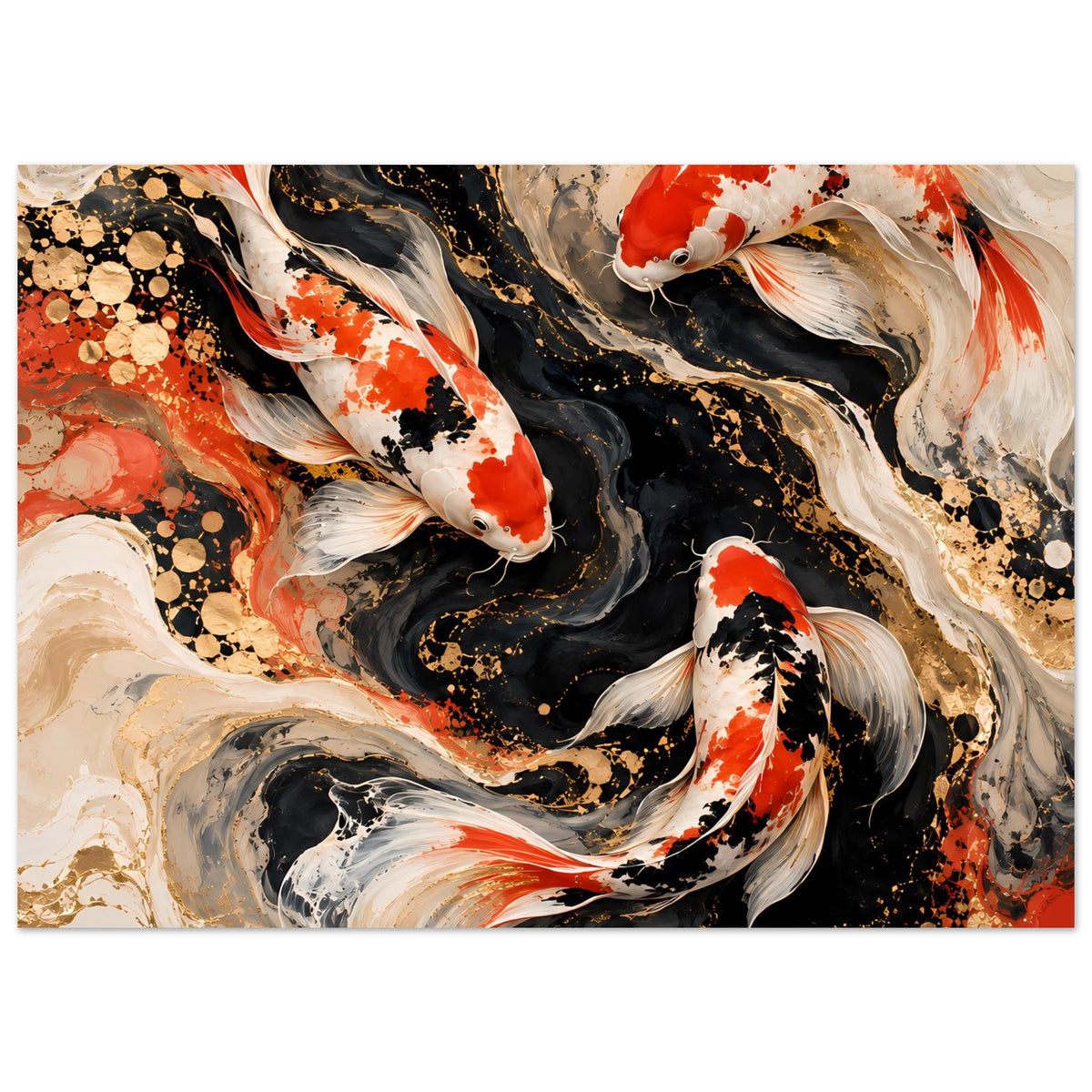 Horizontales Kunstposter mit Koi-Fischen in Schwarz, Weiß und Rot, goldene Spritzer im Hintergrund