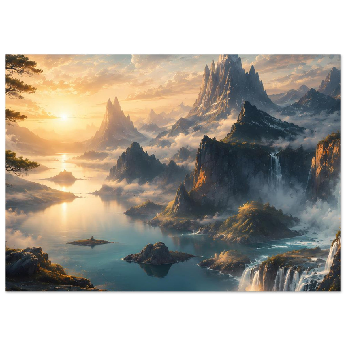 Horizontales Poster mit Bergkette, Nebel über dem See und Wasserfall im Vordergrund