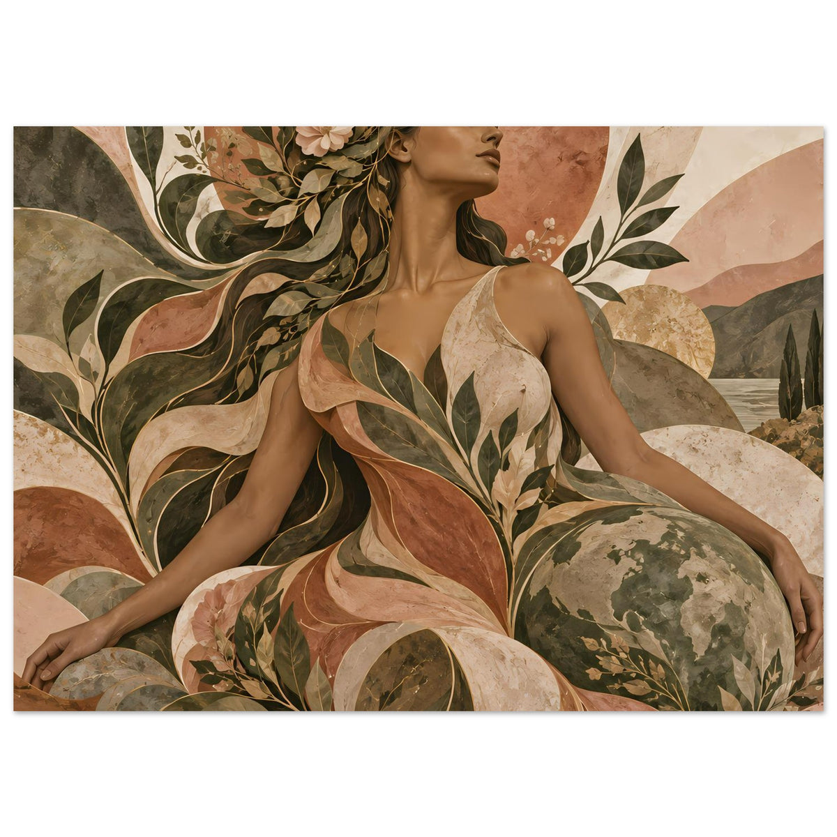 Kunst-Poster im Querformat: Fraufigur auf buntem Blatt- und Blumenmuster, Erdtöne