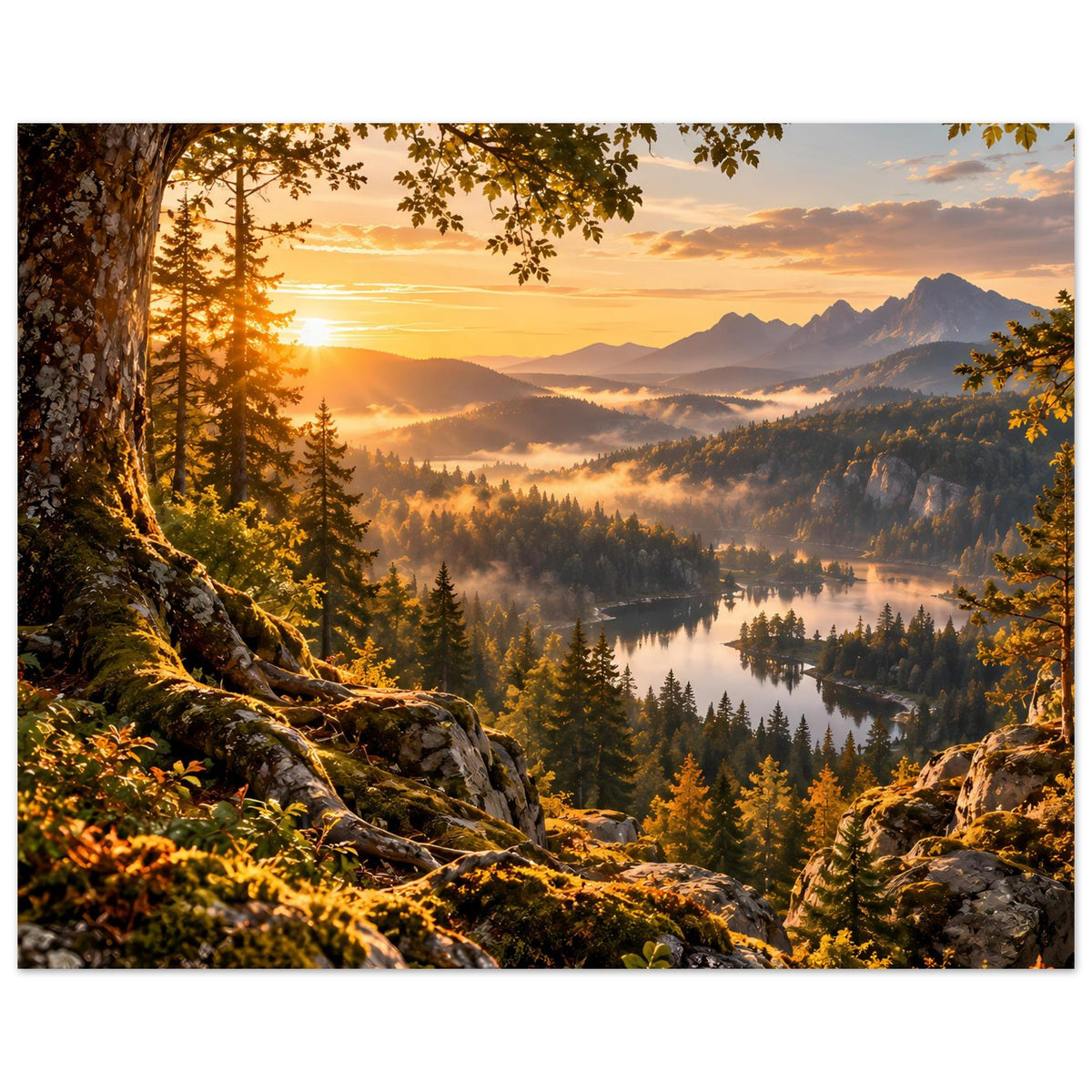 Horizontales Landschaftsposter: Sonnenaufgang, Berge, dichte Tannen und See mit Morgennebel