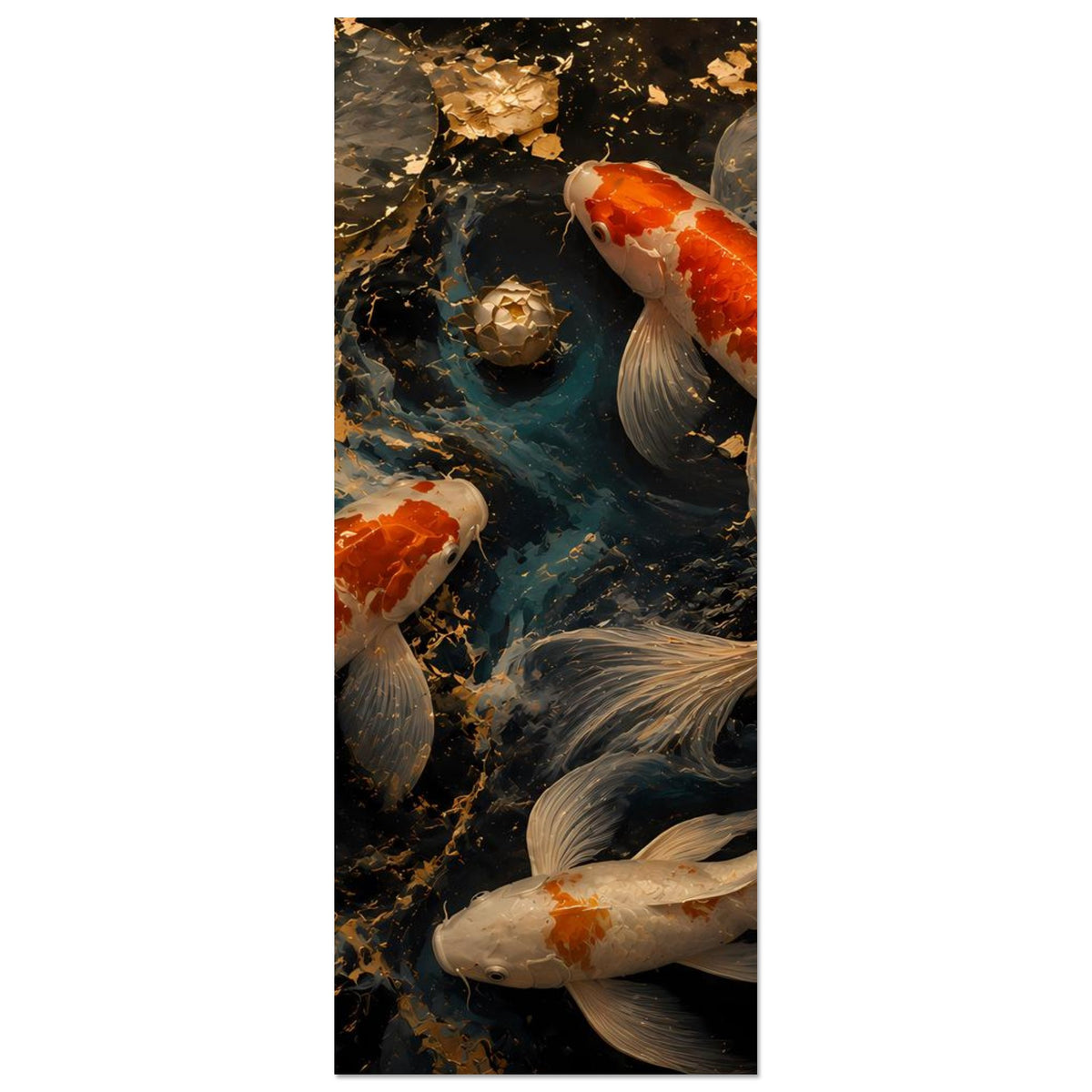 Vertikales Koi-Teich-Kunstposter mit rot-weißen Koi-Fischen, goldenen Steinen und dunklem Wasser