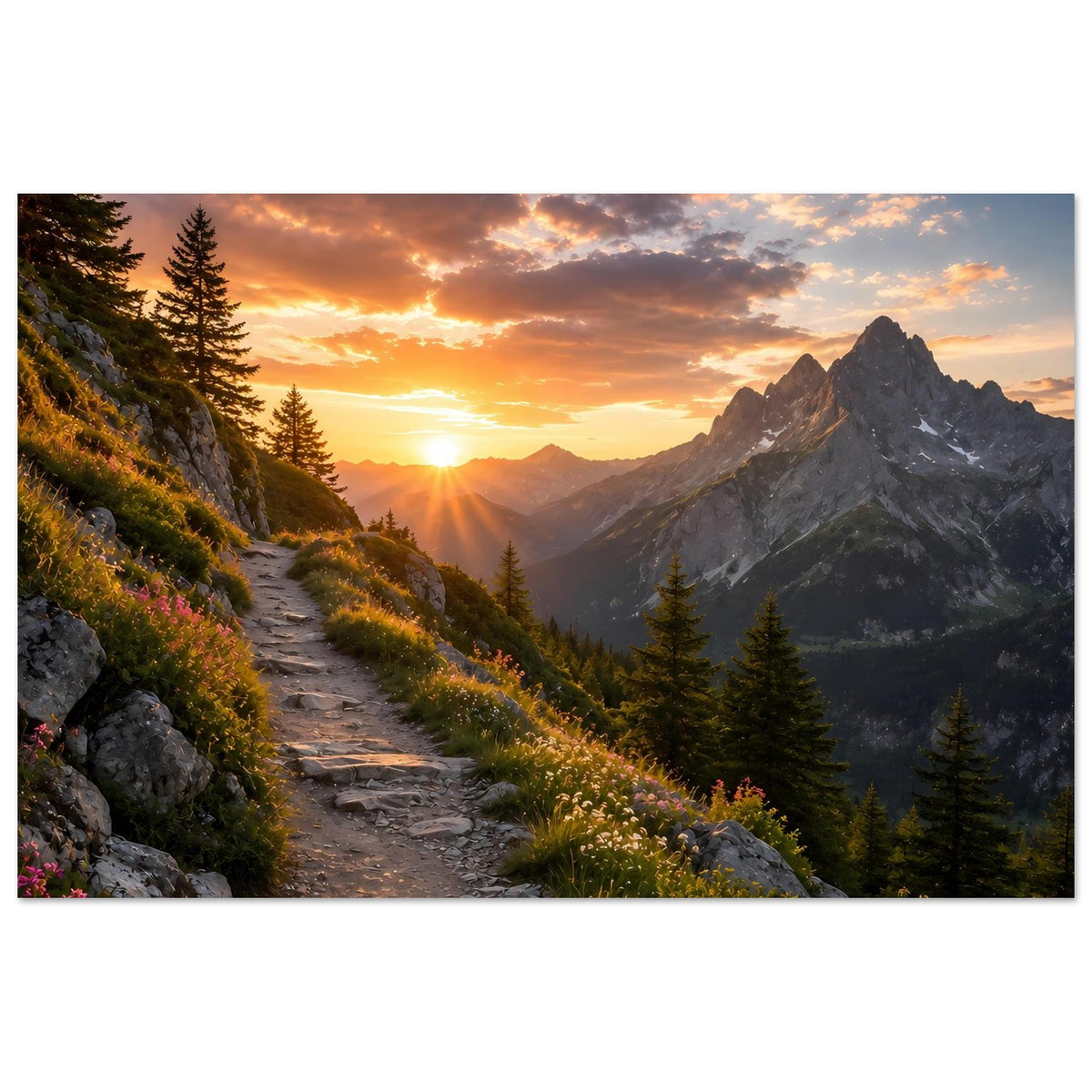 Poster im Querformat: Sonnenuntergang über Bergen, Weg durch Tannen und Felsen