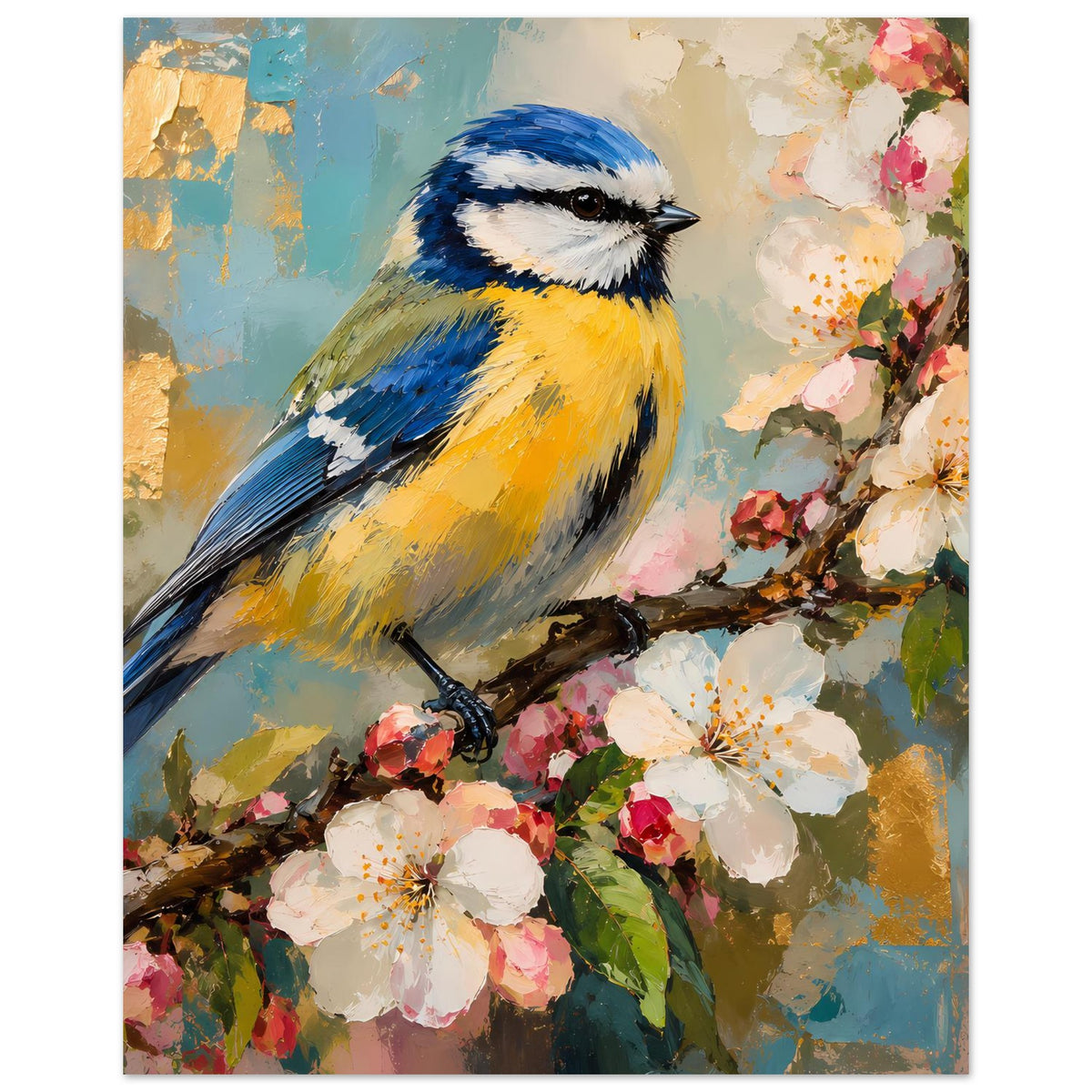 Vogelkunst-Poster: blaue Kohlmeise auf Ast, daneben Frühlingsblüten mit rosafarbenen Akzenten