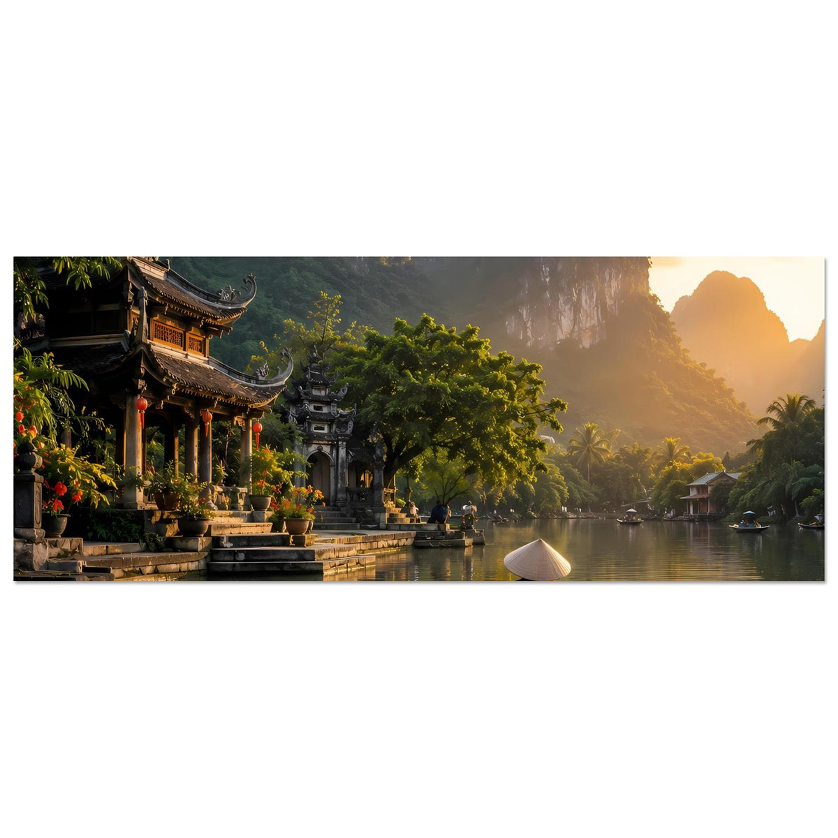 Horizontales Wandposter mit Fluss bei Sonnenuntergang, Boot mit Person und Pagoden