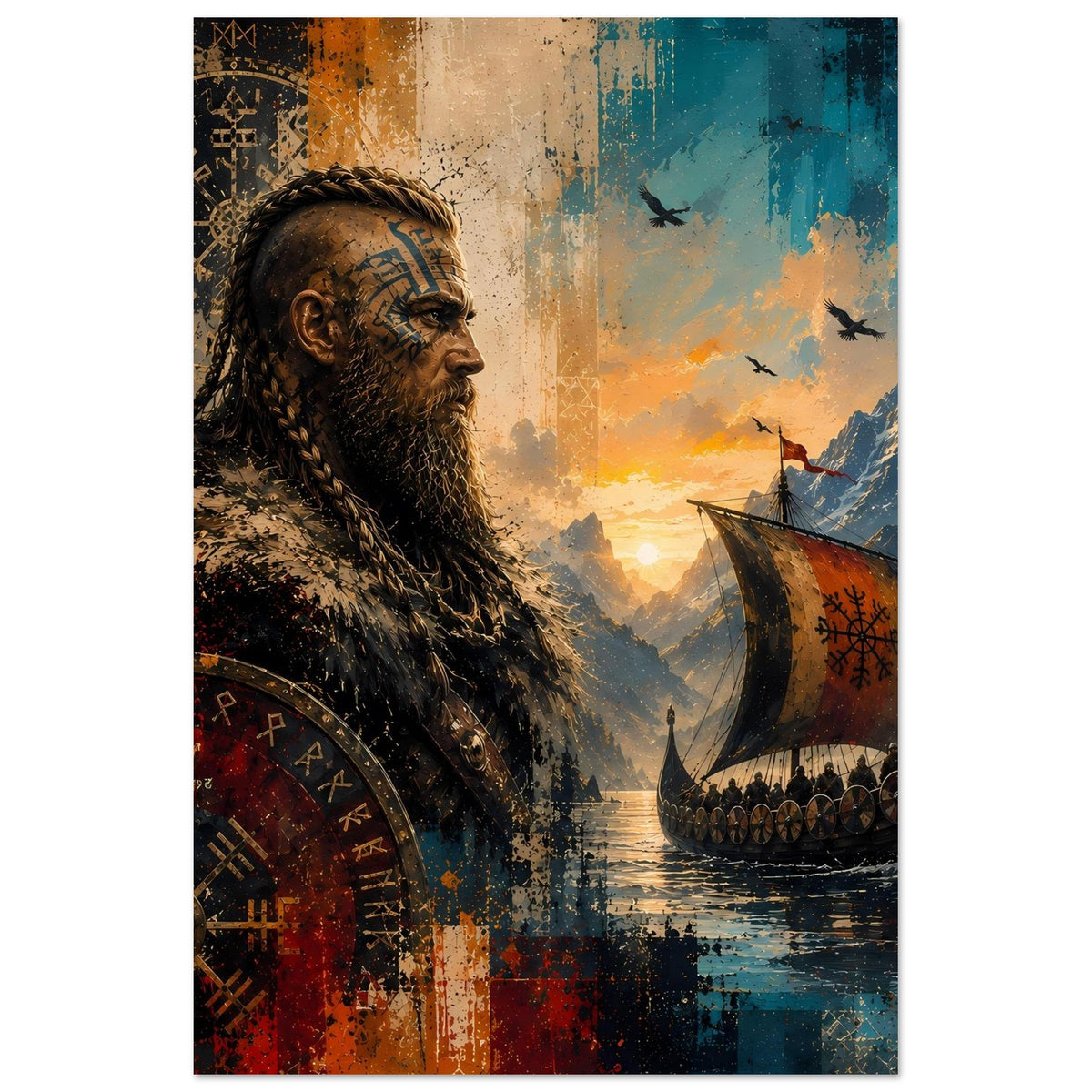 Saga-Poster mit Wikingerkrieger-Gesicht im Vordergrund und Langschiff im Hintergrund