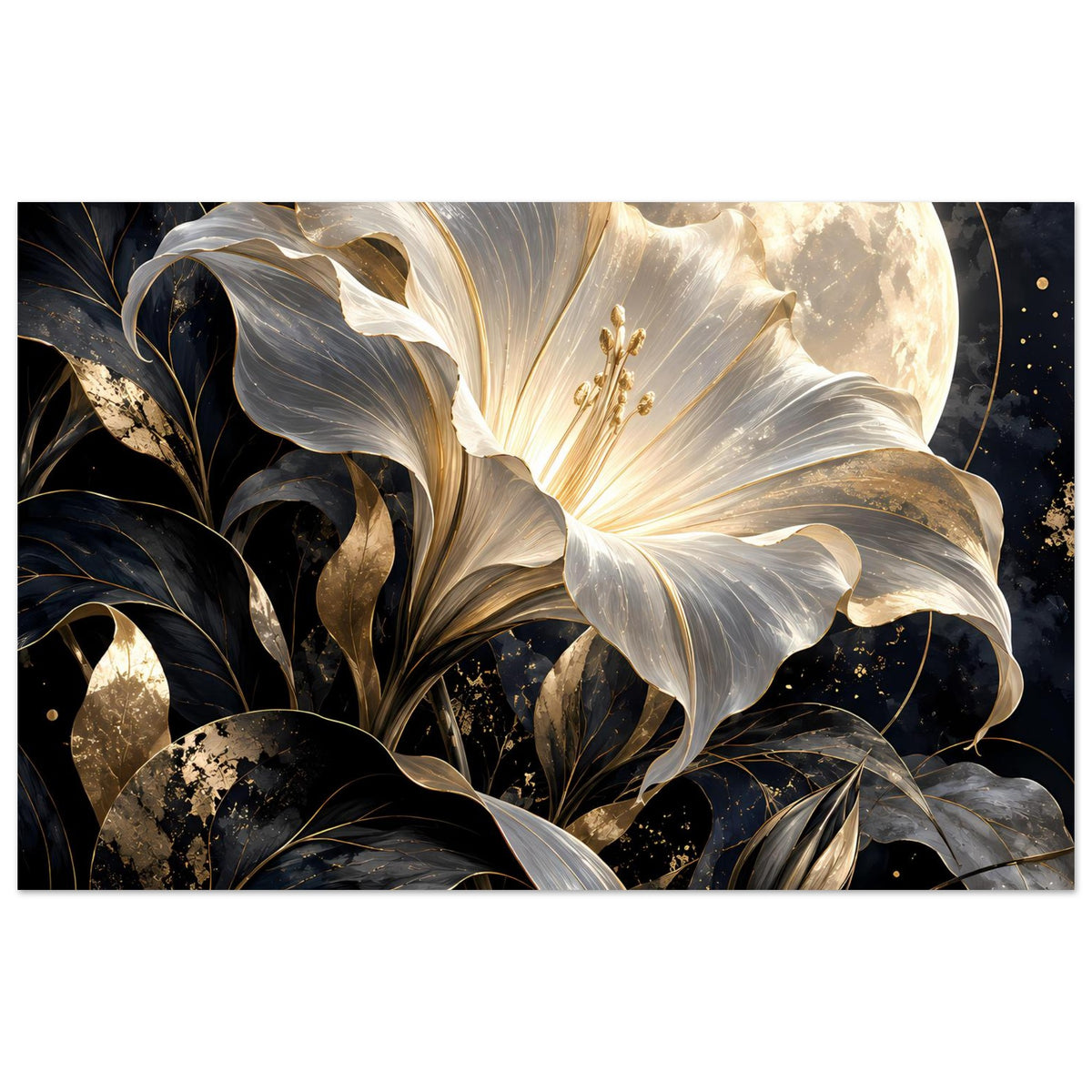Poster mit großer weiß-goldener Blüte, Mondsichel und dunklen Ornamenten in Schwarz-Gold